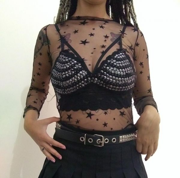Body tule estrelas manga longa